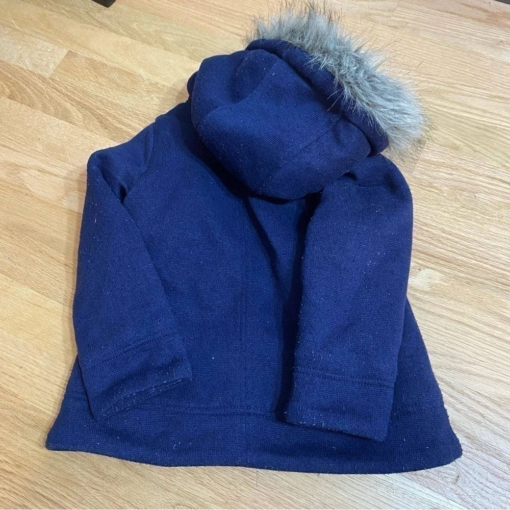 Old Navy Sz 5 Blue Coat Toggle Button Faux Fur Hood Jacket XS Full Zip